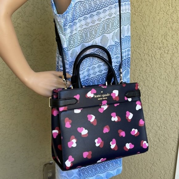 Kate Spade Staci Medium Satchel Flutter Hearts Black Multi - Picture 3 of 15